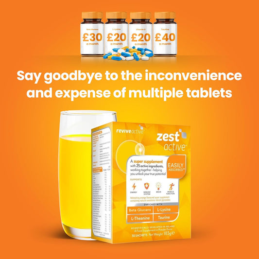 Zest Active Super Supplement Orange Flavour - 25 Ingredients In One Daily Sachet - Everyday Boost Supports Energy, Immune System, Brain & Muscle Function - 30 Day Supply