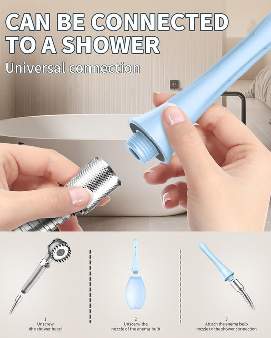 Enema Douche Anti Back-Flow, Amal Douche Connected to Shower Hole,Enema Bulb with 7 Spouts, Reusable Portable Enima Vaginal Cleaner kit for Men Women (Light Blue)