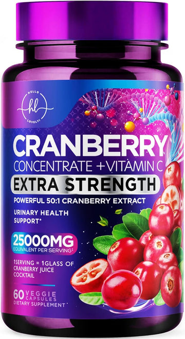 Cranberry Supplement 25,000Mg Formula + Vitamin C – Urinary Tract Health Support For Women & Men, 50:1 Whole Fruit Cranberry Extract Pills For Women, Sugar-Free, Non-Gmo, Gluten-Free - 60 Capsules
