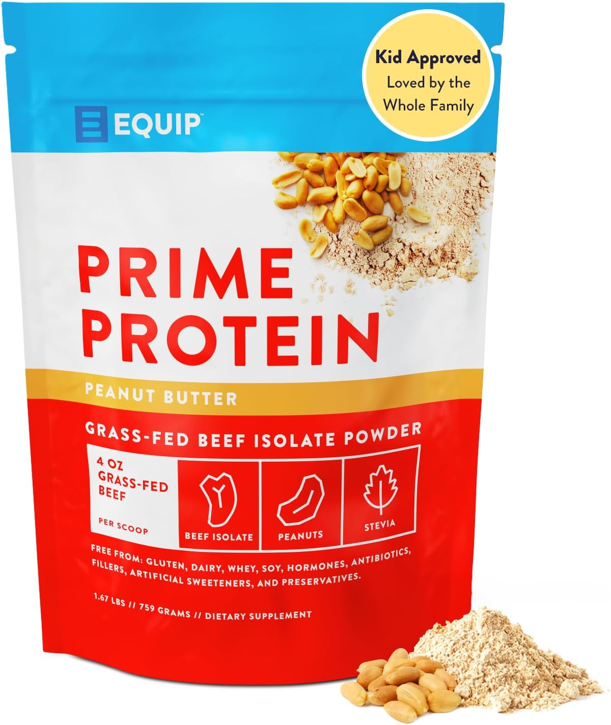 Equip Foods Prime Protein Powder | Clean, Grass Fed Beef Protein Isolate | Carnivore Protein Powder | Paleo, Keto Friendly | Gluten, Dairy Free | 30 Servings, Peanut Butter