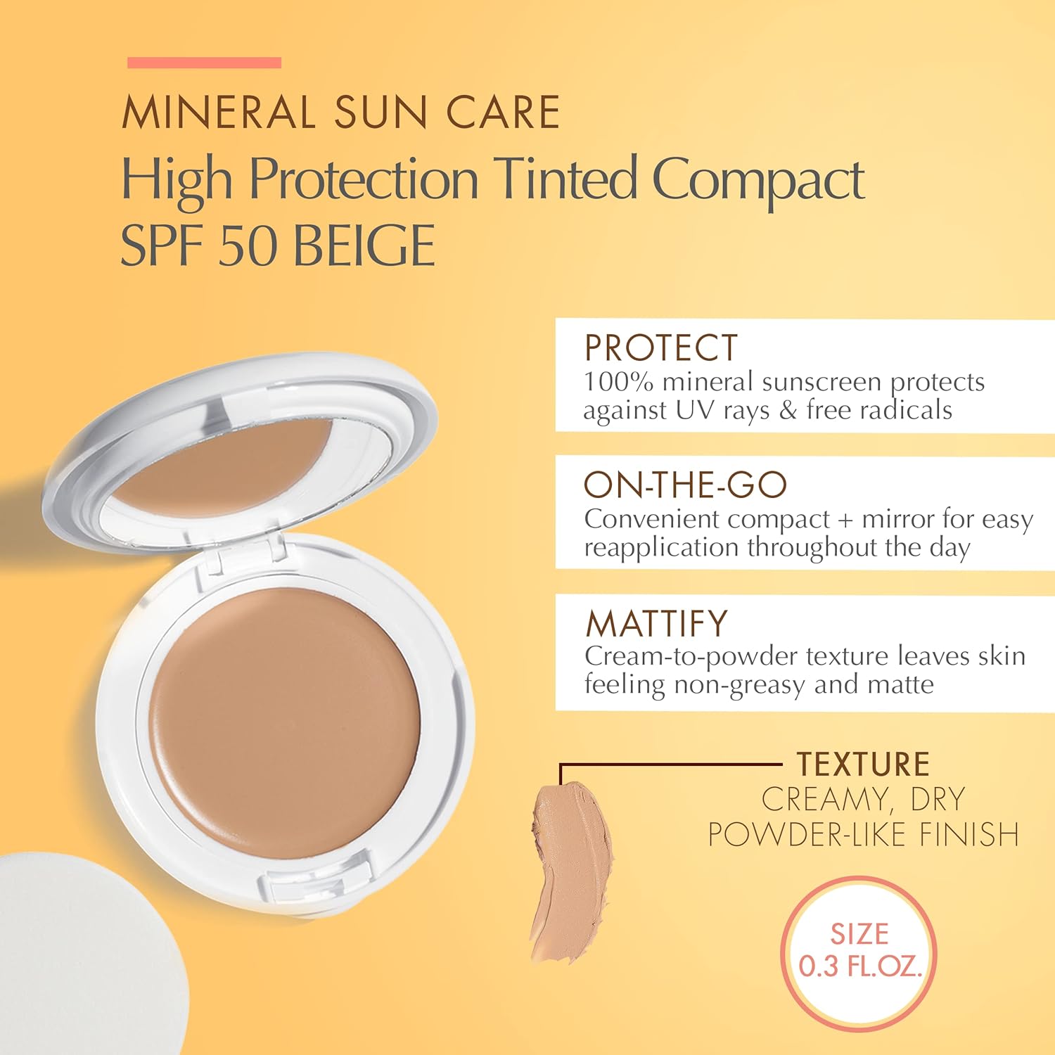Avène High Protection Beige Tinted Compact, Broad Spectrum Spf 50+, Uva/Uvb Blue Light Protection, Tinted Sunscreen, 100% Mineral, Water Resistant, Non-Greasy, Fragrance-Free 0.35 Oz