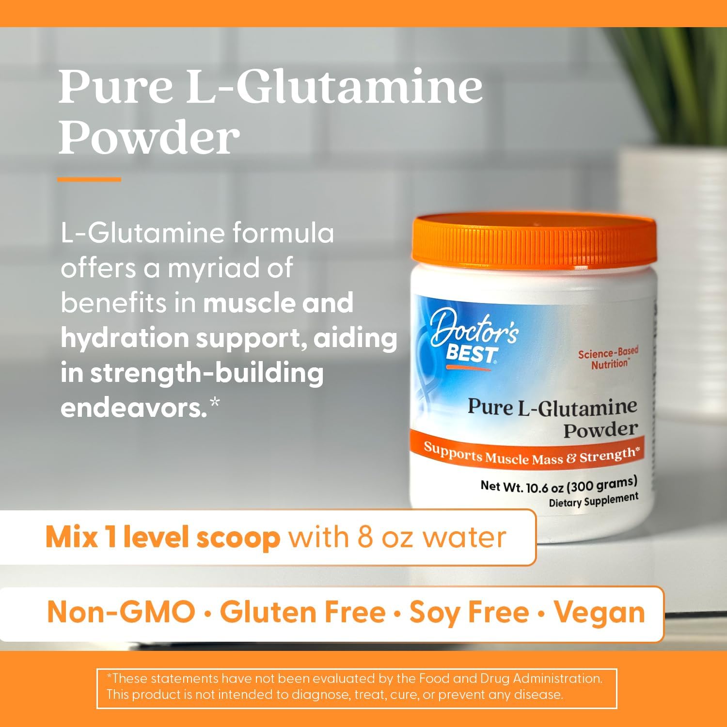 Doctors Best Pure L-Glutamine Powder, Supports Muscle Mass & Strength, Non-Gmo, Gluten Free, Soy Free, Vegan Net Wt. 10.6 Oz (300 Grams) : Health & Household