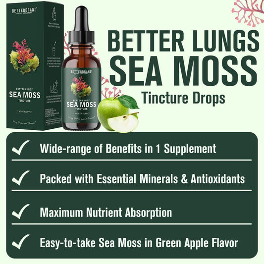 Betterbrand Betterlungs Sea Moss Tincture Drops - Powerful Absorption For Lung Health, Digestive, Joint & Thyroid Support - Irish Sea Moss, Spirulina, Bladderwrack & Burdock Root (30 Day Supply)