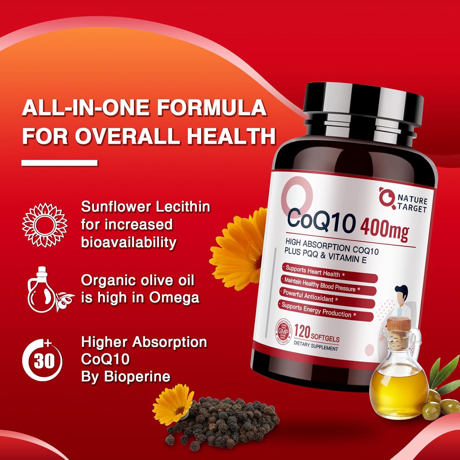 NATURE TARGET CoQ10-400mg Plus PQQ with Vitamin E & Organic Olive Oil - Coenzyme-Q10 with BioPerine - High Absorption Antioxidant-for-Heart-Health and Energy Production,120 Servings : Health & Household