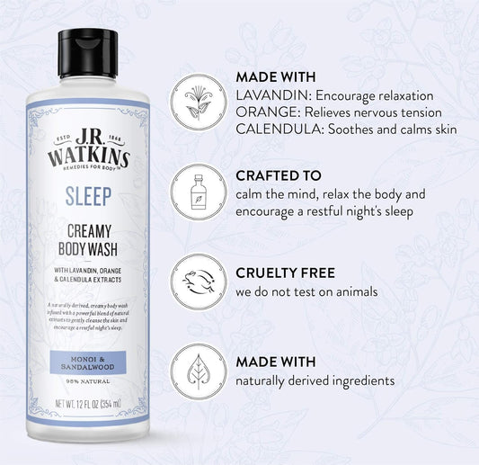 J.R. Watkins Sleep Creamy Moisturizing Body Wash, Cleanses & Encourages Restful Sleep, Natural Monoi & Sandalwood, 12 Oz