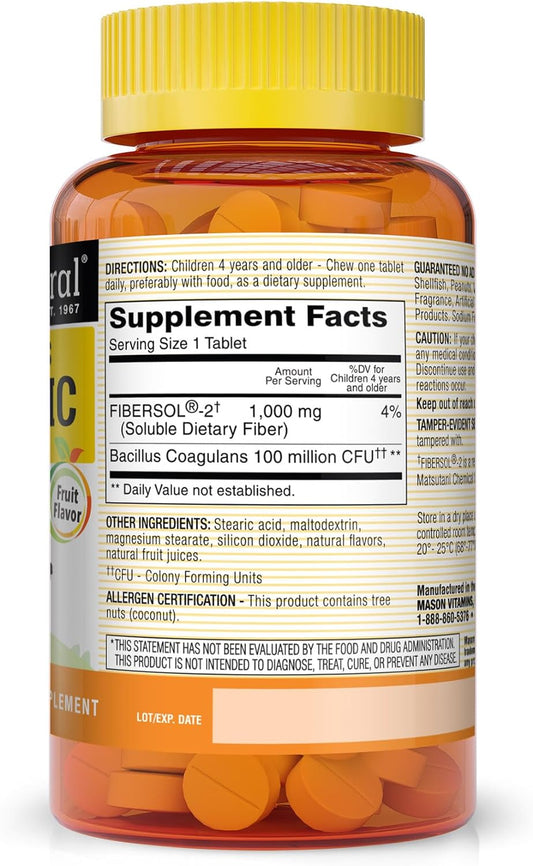Mason Natural Healthy Kids Probiotic With Fiber - Healthy Digestive Function, Improved Gut Health, 60 Chewables