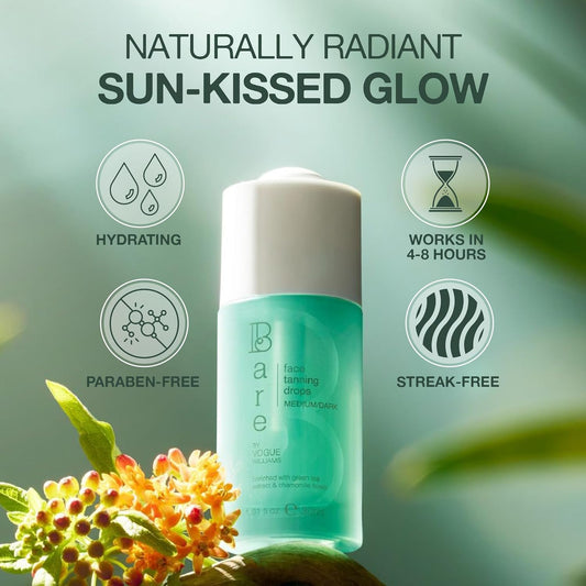 Bare By Vogue Face Tanning Drops - Medium/Dark, Customisable Sun-Kissed Glow - Infused With Green Tea, Chamomile, And Pomegranate Extract - For Smooth, Hydrating & Radiant Skin (30Ml)