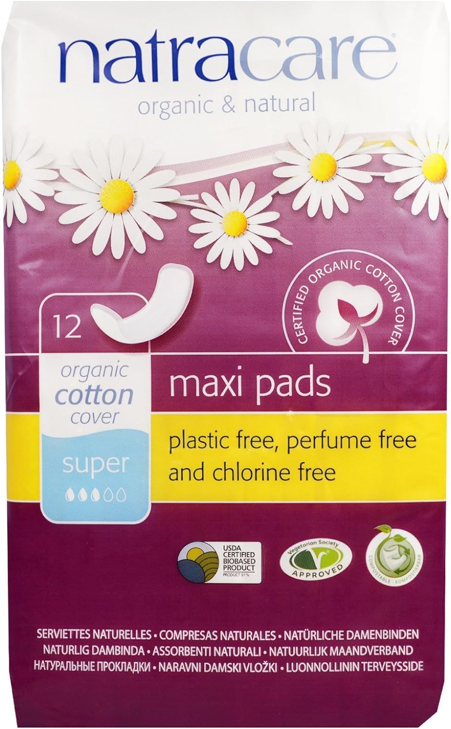 Natracare Maxi Pads Super with Organic Cotton Cover 12 ea (Pack of 2)