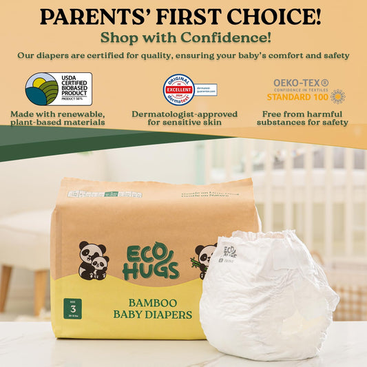 Ecohugs Organic Bamboo Diapers Size 2 | Ultra-Soft Disposable Baby Diapers | Hypoallergenic And Super Absorbent | Unscented And Totally Chlorine Free | Pack Of 28