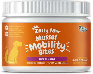 Zesty Paws Mussel Mobility Bites for Dogs - New Zealand Green Lipped Mussel with Natural Glucosamine & Chondroitin + Omega-3 Fatty Acids - Hip & Joint Support Supplement Soft Chews – 90 Count