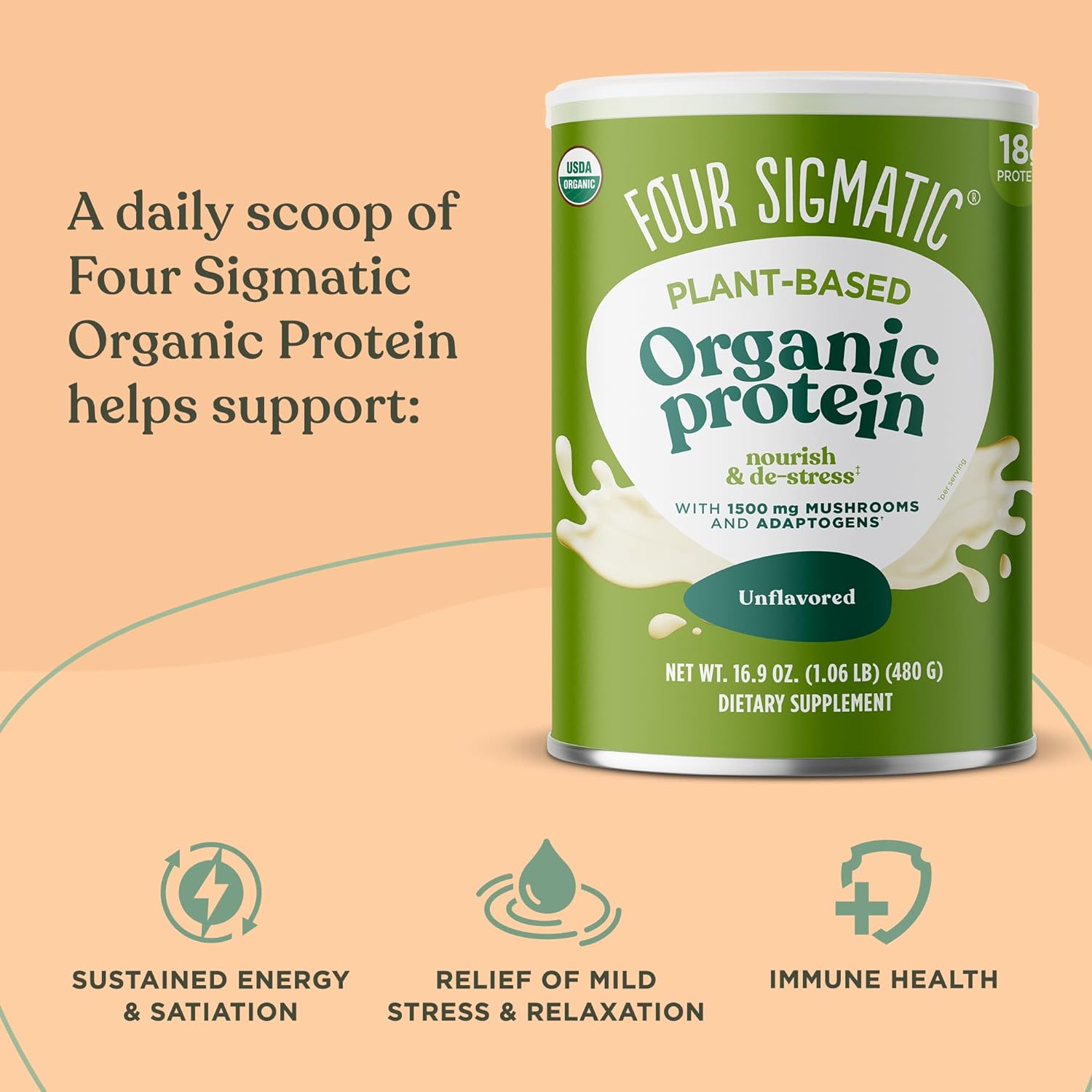 Four Sigmatic Organic Plant-Based Protein Powder Unflavored Protein with Lion’s Mane, Chaga, Cordyceps and More | Clean Vegan Protein Elevated for Brain Function and Immune Support | 16.9 oz : Health & Household