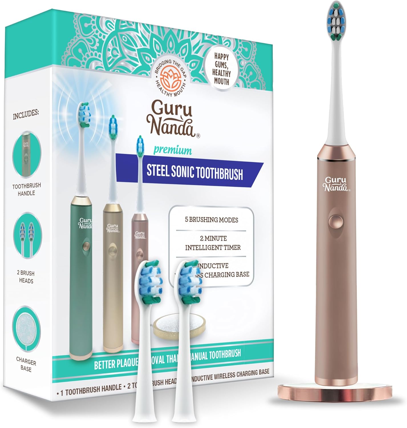 Gurunanda Steel Sonic Toothbrush - Rechargeable, 5 Modes, 2 Min Smart Timer & Replacement Brush Heads - Rose Gold