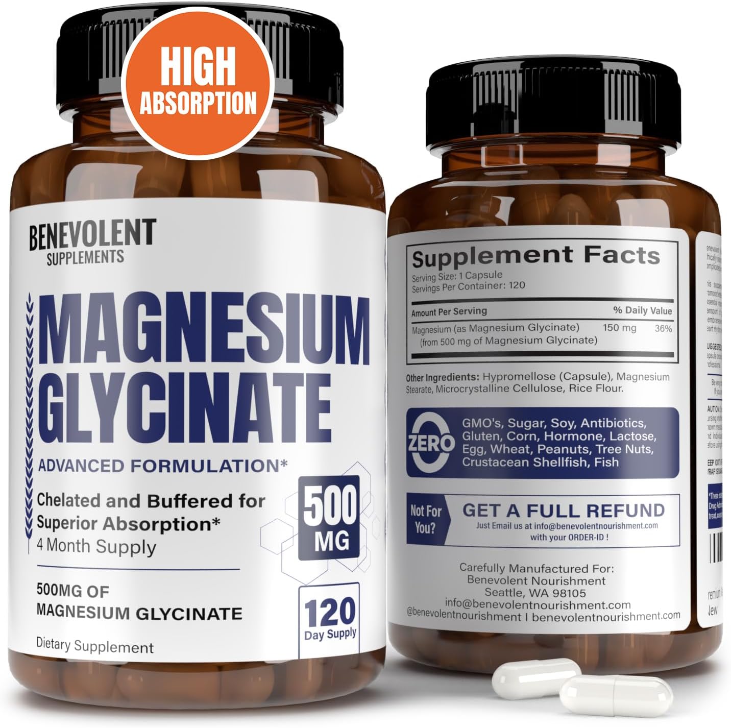 Premium Magnesium Glycinate 500Mg Capsules High Absorption Formula Chelated Buffered Glycinate To Support Digestion, Bone, Sleep & Muscle Health - Made In Usa - 120 Capsules