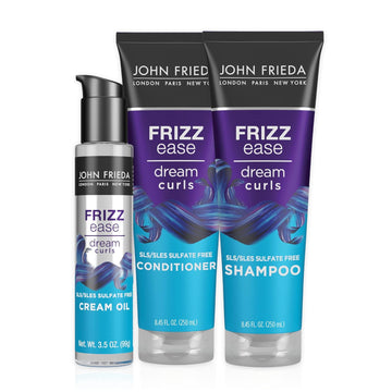 John Frieda Anti Frizz Hair Care Set, Frizz Ease Dream Curls Shampoo and Conditioner Set and Cream Oil, Hydrates and Defines Curly, Wavy Hair, Helps Control Frizz, SLS/SLES Sulfate Free 3 Piece Set