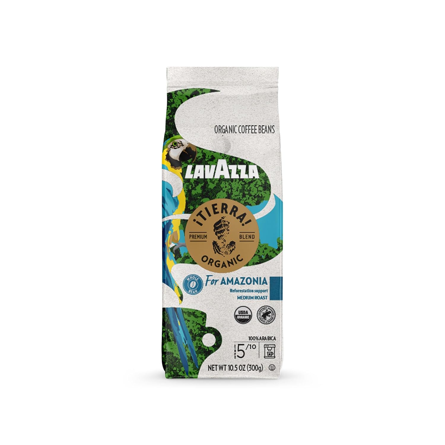 Lavazza ¡Tierra! Organic Amazonia Whole Bean Coffee Medium Roast, Floral Notes, 10.5 Ounce (Pack of 6) - Packaging May Vary