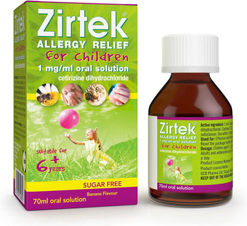Zirtek Allergy Relief For Children, 70Ml Syrup | Hayfever, Dust, Pets, And Hives | Cetirizine Antihistamine Solution | Helps Relieve Allergic Symptoms | For Adults And Children Over 6 Years