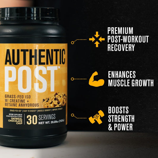 Jacked Factory Authentic Post - Grass-Fed Iso Post Workout Protein Powder With Creatine Monohydrate For Post-Workout Recovery & Enhanced Performance - 30 Servings, Oatmeal Chocolate Chip