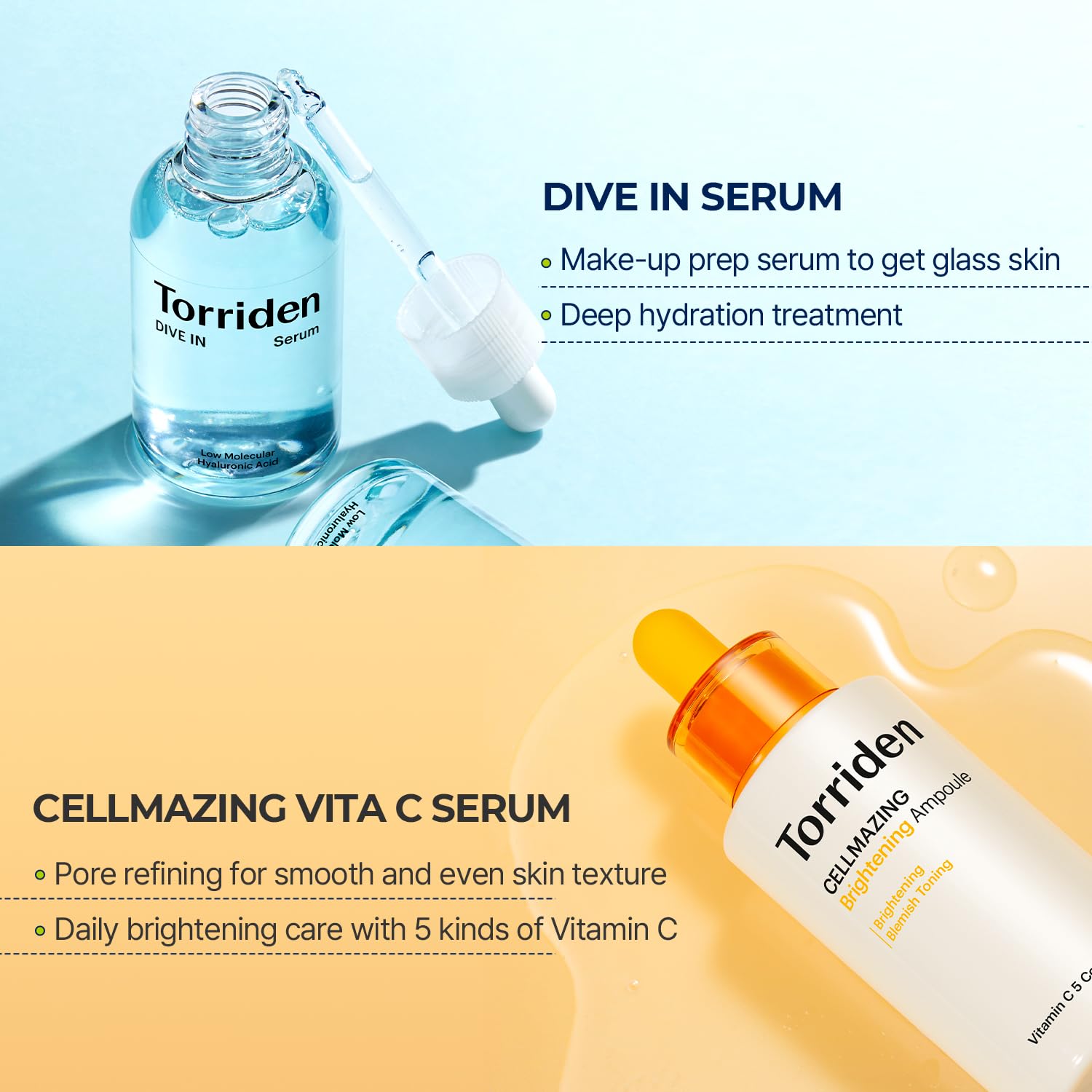 Torriden DIVE IN Serum 1.69 fl.oz + CELLMAZING Vita C Ampoule 1.01 fl.oz | Serum Duo to Get Glass Skin | Refining Skin Texture | Korean Skin Care : Beauty & Personal Care