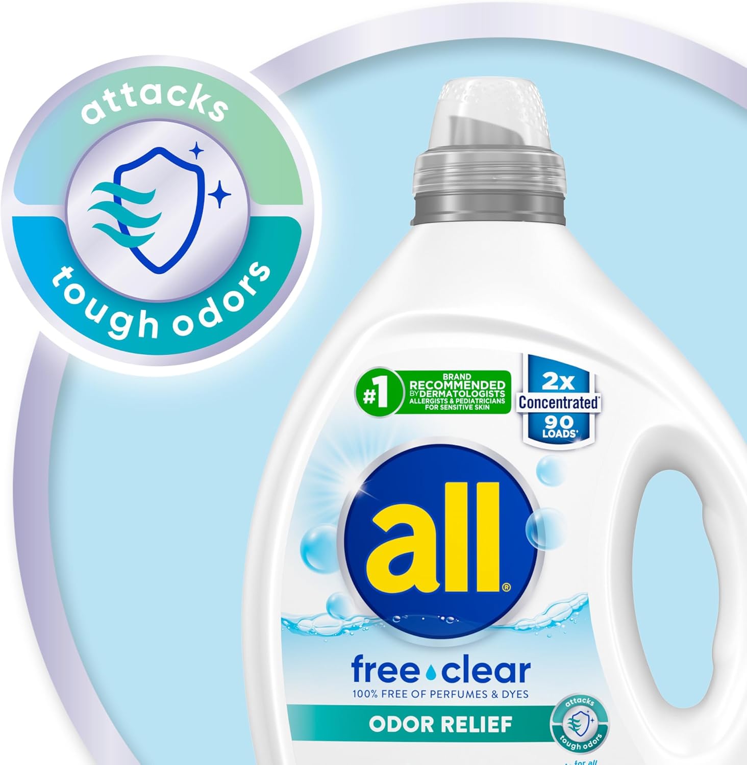 All Laundry Detergent Liquid, Free Clear For Sensitive Skin, Odor Relief, Unscented And Hypoallergenic, 2X Concentrated, 90 Loads