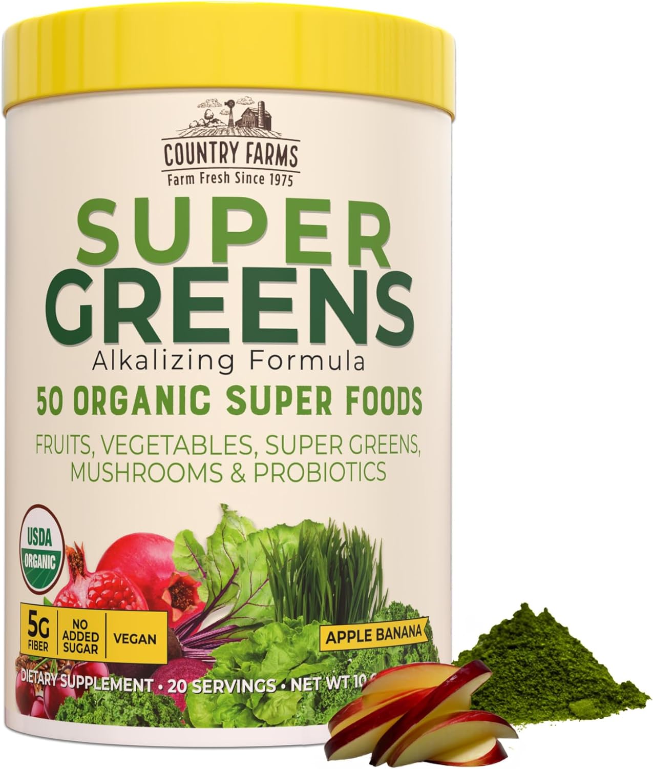 COUNTRY FARMS Super Greens Apple Banana Flavor, 50 Organic Super Foods, USDA Organic Drink Mix, Fruits, Vegetables, Super Greens, Mushrooms & Probiotics, Supports Energy, 20 Servings, 10.6 Oz