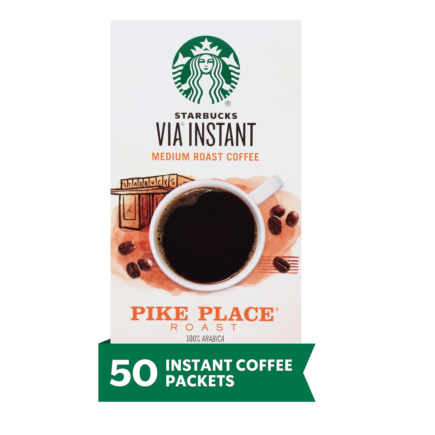 Starbucks VIA Instant Coffee—Medium Roast Coffee—Pike Place Roast—100% Arabica—1 box (50 packets)