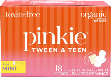 Pinkie Period Pads for Tweens & Teens - Designed for Smaller Underwear - Organic Cotton Topsheet Teen Pads with Wings - Chlorine Free & Fragrance Free - Teen Mini, 18 Count