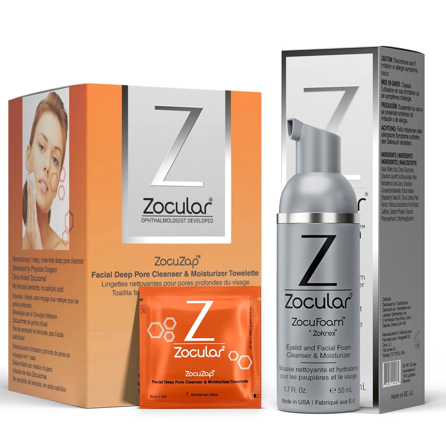 Zocuzap Facial Wipes, 15 Count + Zocular Zocufoam Eyelid Cleanser Bundle