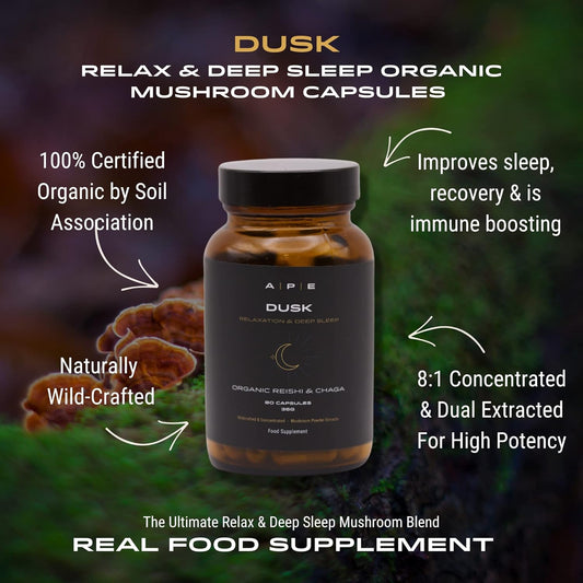 Ape Nutrition Organic Reishi & Chaga Mushroom Blend Capsules - Certified Organic, Improved Sleep & Relaxation, Improved Recovery, Uk Mushroom Supplements, Non Gmo, 100% Pure No Filler