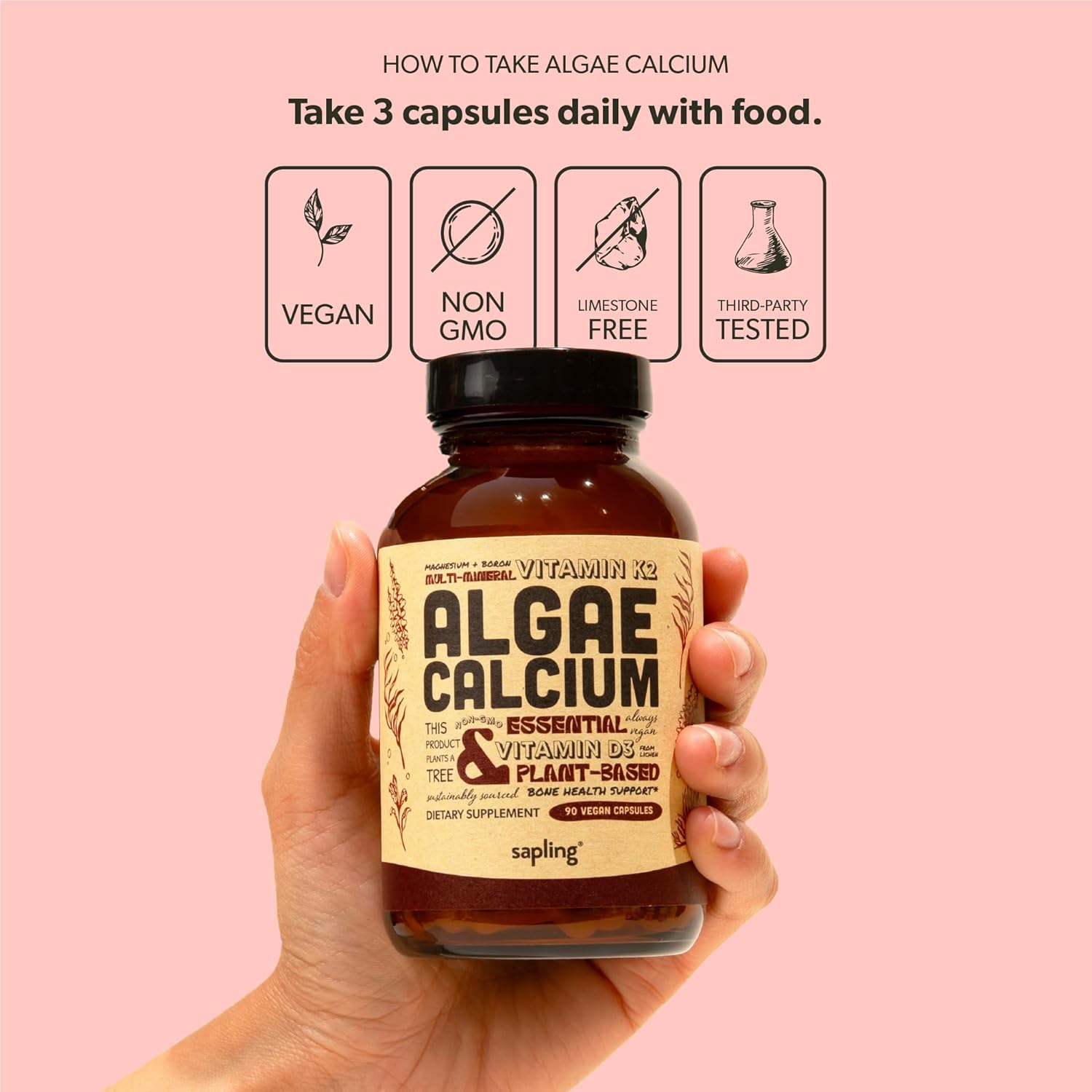 Calcium Supplement - Whole Food With Vitamin K2 & D3, Magnesium, Zinc, Boron, Mineral Complex. Sourced Sustainably From Red Algae. For Bone Strength And Support. Non-Gmo & Vegan 90 Capsules. : Health & Household