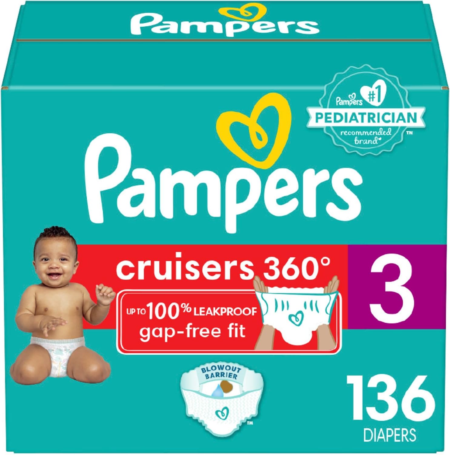 Pampers Cruisers 360 Diapers - Size 3, 136 Count, Pull-On Disposable Baby Diapers, Gap-Free Fit