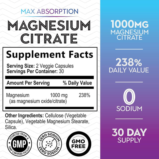 Magnesium Citrate Extra Strength 1000 Mg - High Absorption Magnesium Supplement For Muscle, Bone, Nerve & Heart Health Support, Magnesio Vitamin Pills, Non-Gmo, Nature'S Premium Formula - 60 Capsules
