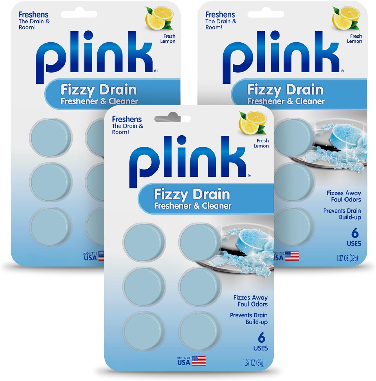 Plink Fizzy Drain Freshener, Prevents Buildup And Maintains A Clear Drain, Removes Drain Odor, 3 Packs Of 6, 18 Total Tablets