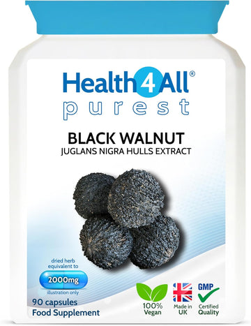 Health4All Black Walnut Hulls 2000Mg 90 Capsules, Strongest Black Walnut Green Hull Capsules For Intestinal Health, Cleanse & Detox, Vegan, Purest: No Additives | Made In Uk