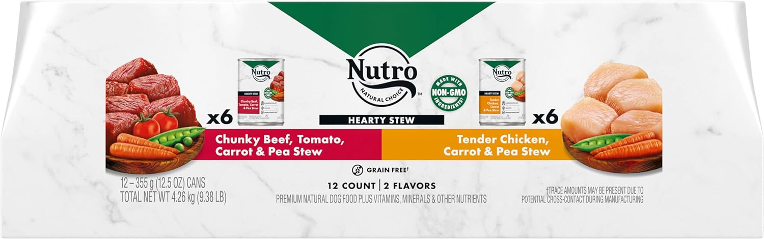 Nutro Hearty Stew Adult Natural Grain Free Wet Dog Food Cuts In Gravy, Tender Chicken, Carrot & Pea Stew And Chunky Beef, Tomato, Carrot & Pea Stew Variety Pack, (12) 12.5 Oz. Cans