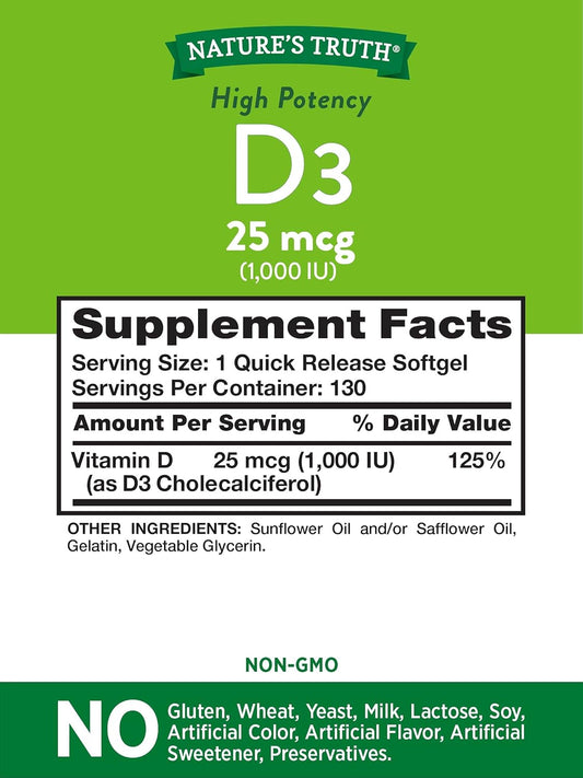 Vitamin D3 1000 Iu | 130 Softgels | High Potency D | Non-Gmo, Gluten Free, Soy Free | By Nature'S Truth