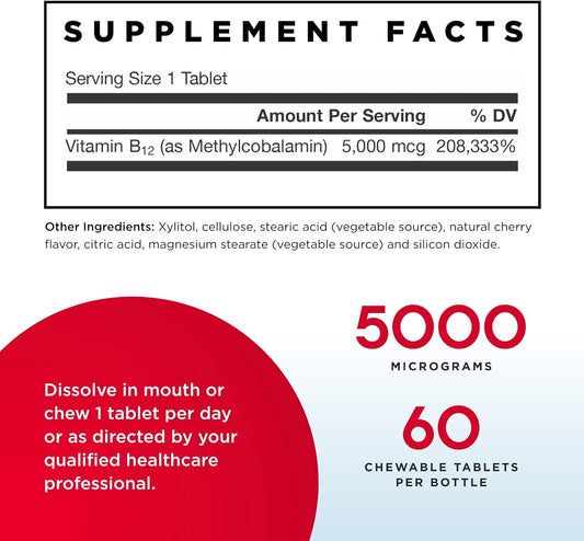 Jarrow Formulas Methyl B-12 5000 Mcg - 60 Chewable Tablets, Cherry - Pack Of 2 - Bioactive Vitamin B12 - Supports Energy Production, Brain Health & Metabolism - Gluten Free - 120 Total Servings