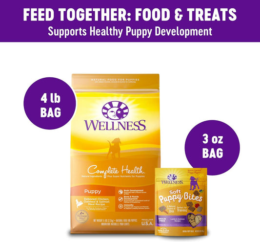 Wellness Complete Health Dry Puppy Food With Grains, 5 Lb Bag And Soft Puppy Bites, 3 Oz Bag, Grain Free Dog Treats, Trial Bundle