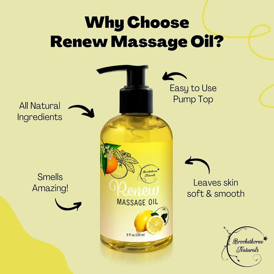 Renew Massage Oil With Orange, Lemon & Peppermint Essential Oils - Great For Massage Therapy Or Home Use. Ideal For Full Body – With Almond, Grapeseed & Jojoba – By Brookethorne Naturals