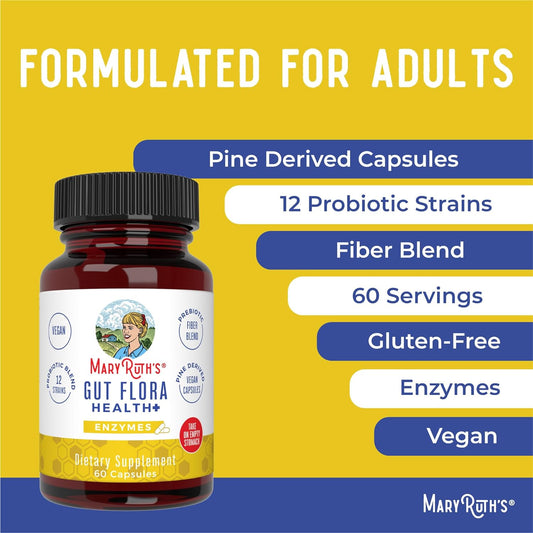 Maryruth Organics Gut Flora Health+ Enzymes | Up To 2 Month Supply | Prebiotic Probiotic Digestive Enzymes Blend For Healthy Gut Biome & Digestive Support | Gastrointestinal Health | 60 Capsules