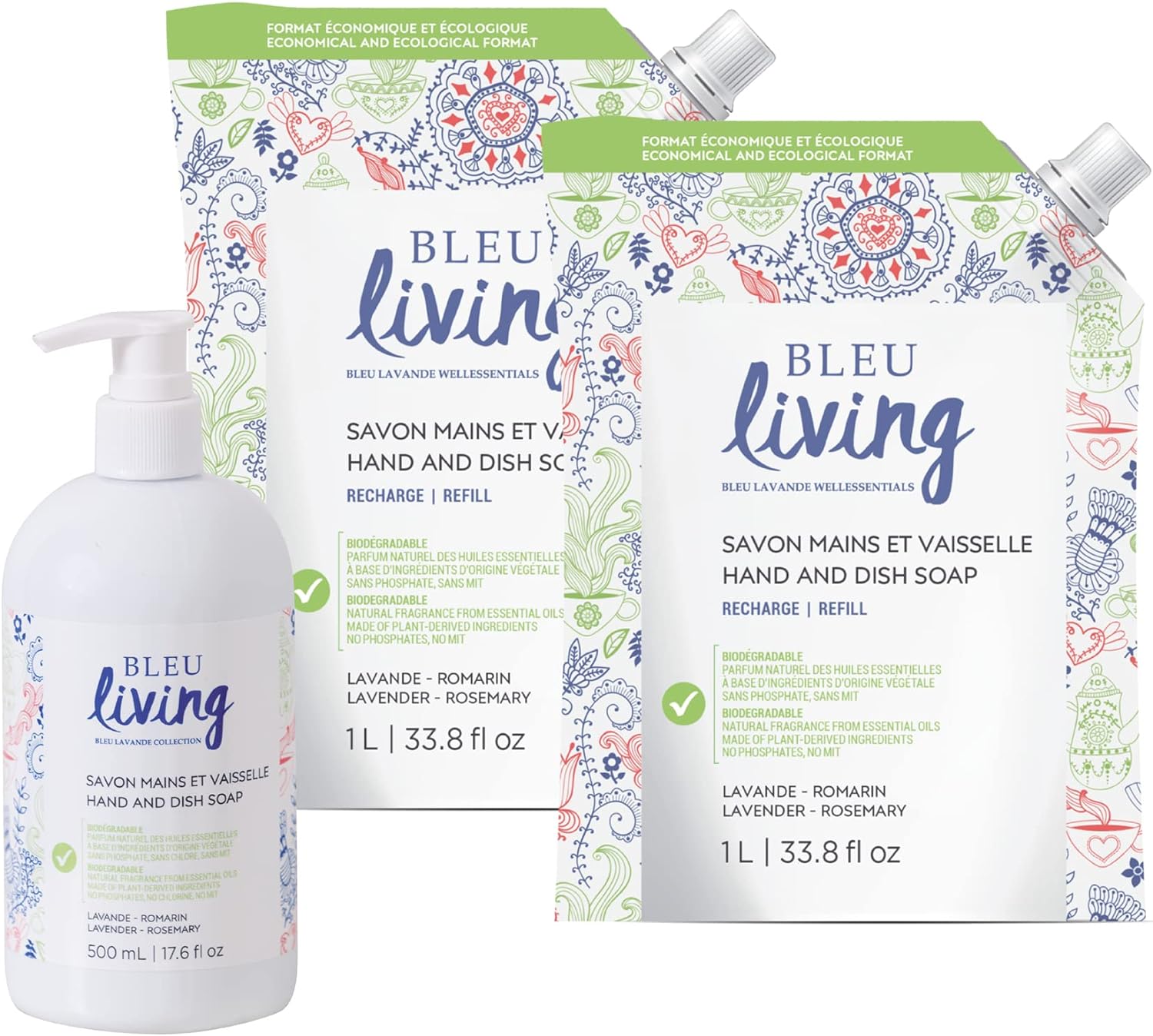 Bleu Lavande - 2 in 1 - Liquid Hand Soap & Dish Soap Refill - Eco friendly - Lavender Essential Oil - Biodegradable - Cruelty free - No artificial fragrances - 1 x 17.6 fl oz and 2 x 33.8 fl oz