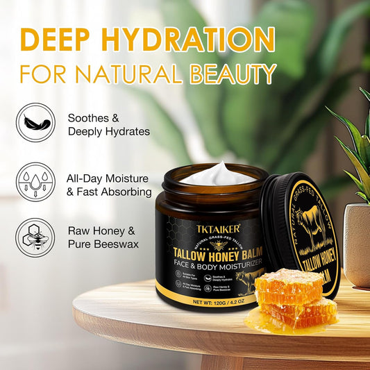 Beef Tallow For Skin, Beef Tallow For Face, Hydrating Tallow Balm With Raw Honey And Beeswax, Grass-Fed Beef Tallow & Raw Wild Honey Blend, Body & Face Moisturizer, Natural Formula, Light Scent