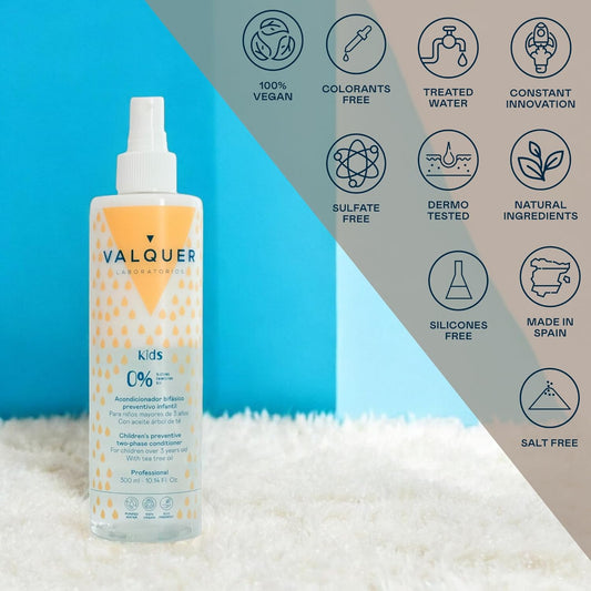 Valquer Preventative Bi-Phase Leave-In Conditioner For Children, Formula Zero. Conditions And Protects Hair, Providing Softness, Shine, And Easy Detangling. For Ages 3+. Vegan. 300 Ml