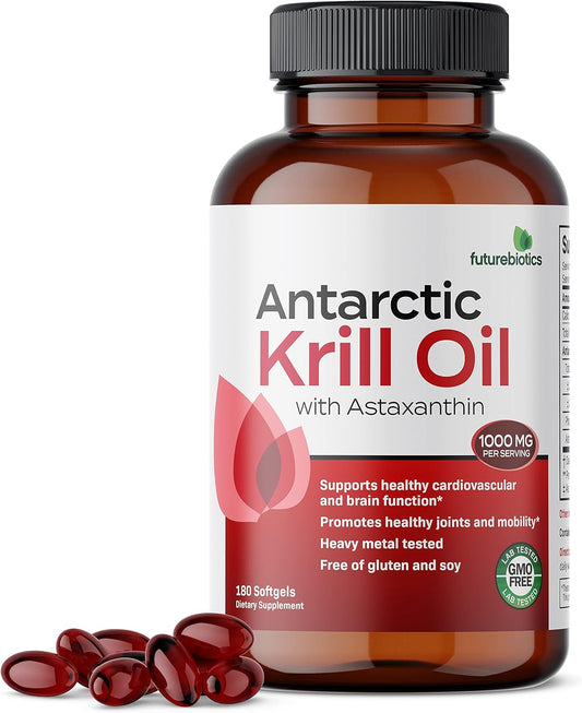 Futurebiotics Antarctic Krill Oil 1000Mg With Omega-3S Epa, Dha, Astaxanthin And Phospholipids - 100% Pure Premium Krill Oil Heavy Metal Tested, Non Gmo – 180 Softgels (90 Servings)