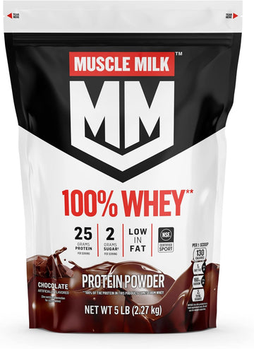 Muscle Milk 100% Whey Protein Powder, Chocolate, 5 Pound, 66 Servings, 25G Protein, 2G Sugar, Low In Fat, Nsf Certified For Sport, Energizing Snack, Workout Recovery, Packaging May Vary