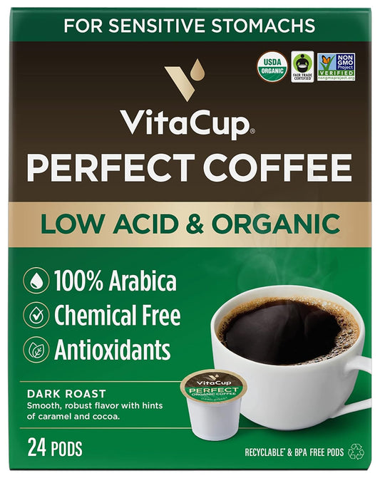 Vitacup Perfect Low Acid Coffee Bundle, Pure & Smooth Usda Organic & Fair Trade, Mycotoxin Free, Dark Roast | 24 Ct Pods & 11 Oz Organic Ground Coffee