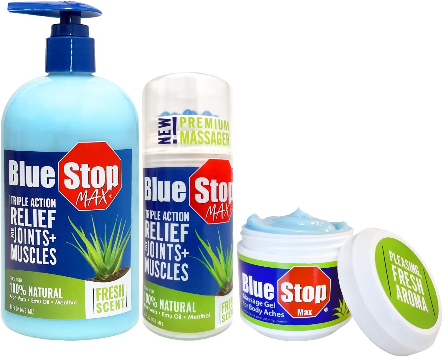 Blue Stop Max Trio Bundle - Pump, Jar, Applicator - Every Day, Every Ache. Safe Relief