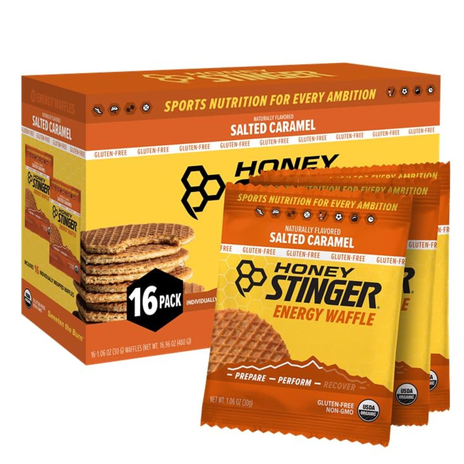 Honey Stinger Organic Gluten Free Salted Caramel Waffle | Energy Stroopwafel For Exercise, Endurance And Performance | Sports Nutrition For Home & Gym, Pre & Post Workout | Box Of 16 Waffles, 16.96 Oz