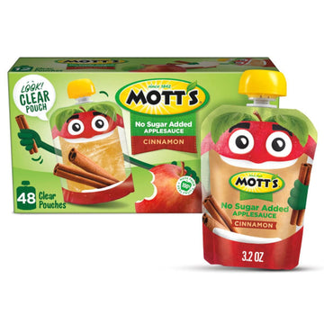 Mott'S No Sugar Added Cinnamon Applesauce, 3.2 Oz Clear Pouches, 48 Count (4 Packs Of 12), Good Source Of Vitamin C, No Artificial Flavors