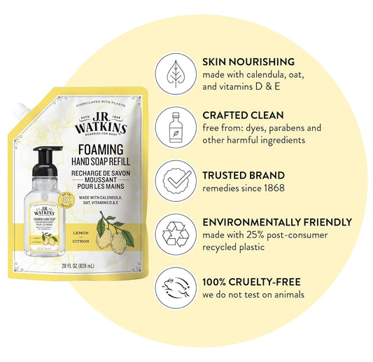 J.R. Watkins Foaming Hand Soap Refill, Moisturizing Foam Hand Wash, All Natural, Alcohol-Free, Cruelty-Free, Usa Made, Lemon, 28 Fl Oz, 3 Pack