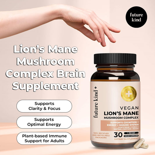 Future Kind Vegan Lion'S Mane Mushroom Complex Brain Supplement - (30Ct) Lions Mane Supplement Capsules With Chaga, Maitake, Shiitake And Reishi - Brain Supplements For Memory And Focus